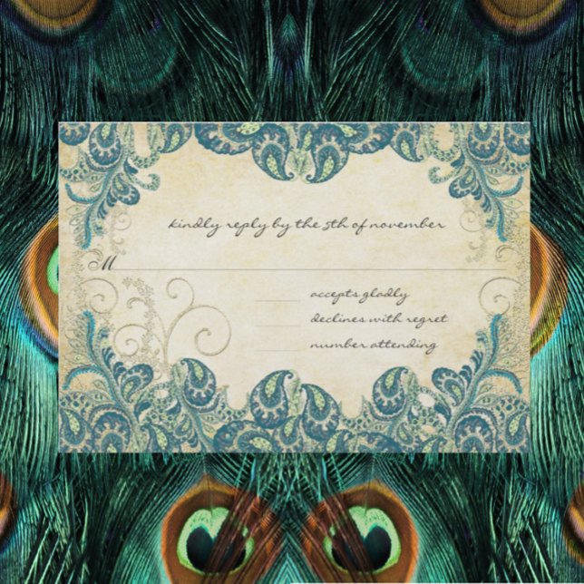 RSVP de Casamento de Peacock Teal & Dourado (Criador carregado)