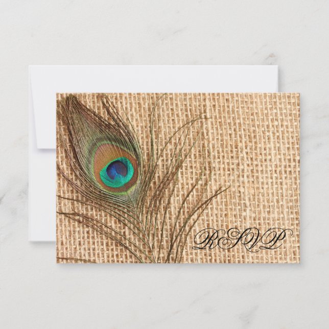 RSVP de Casamento de Penas de Peacock Burlap (Frente)