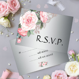 RSVP de Casamento de Prata e Rosas Rosa