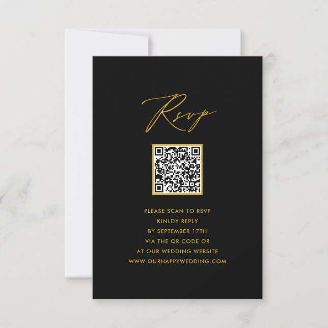 RSVP de Casamento de QR Preto Preto do Script Dour (Frente)
