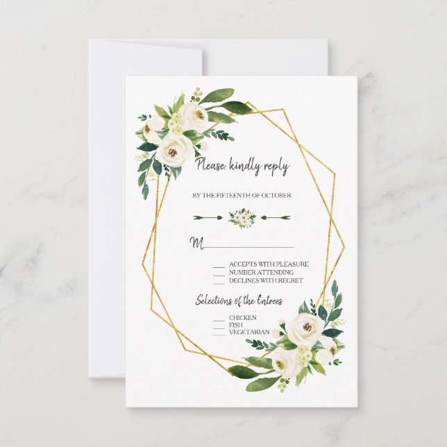 RSVP de Casamento de Quadro Dourado Floral Verde C (Frente)