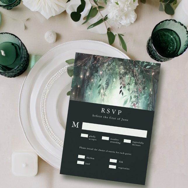 RSVP de Casamento de Refeições de Vinho Dourado da (enchanted forest rsvp card meal choice modern elegant romantic watercolor gold vines emerald mauve)