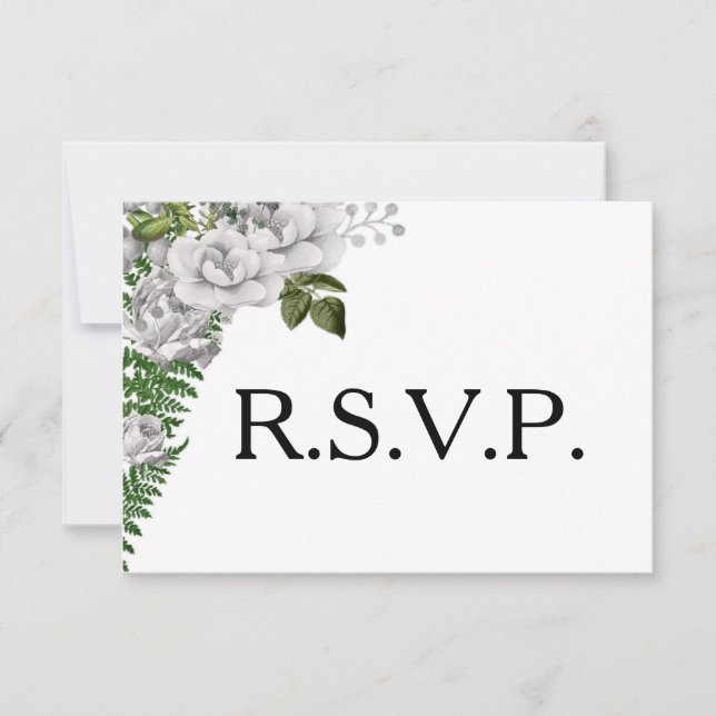 RSVP de Casamento de Rosas Brancas e Ferns (Frente)