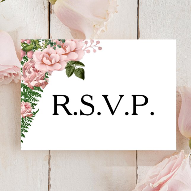 RSVP de Casamento de Rosas Rosa e Ferns (Criador carregado)