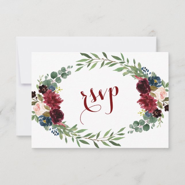 RSVP de Casamento de Sangue Floral Azul-Marinho Me (Frente)