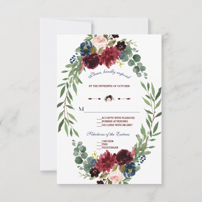 RSVP de Casamento de Sangue Floral Azul-Marinho Me (Frente)