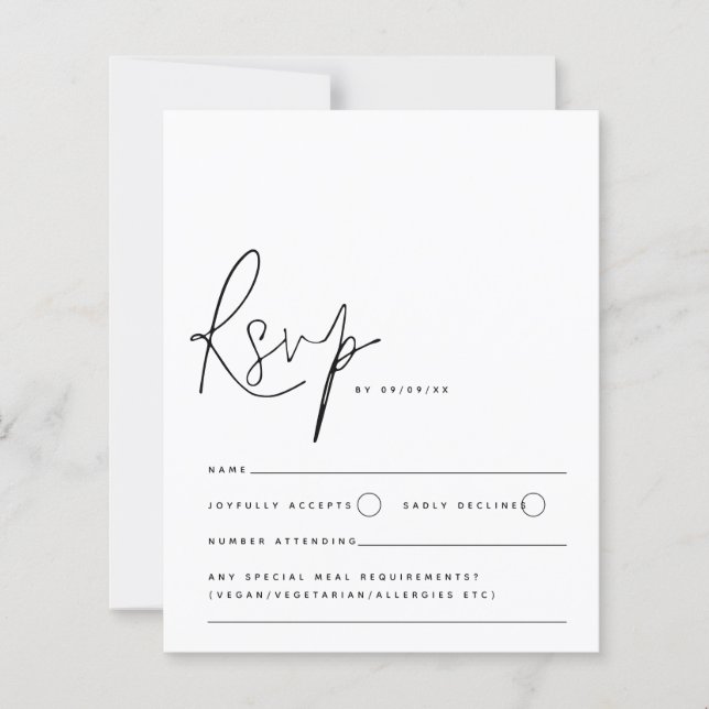 RSVP de Casamento de Script Branco Preto Minimalis (Frente)