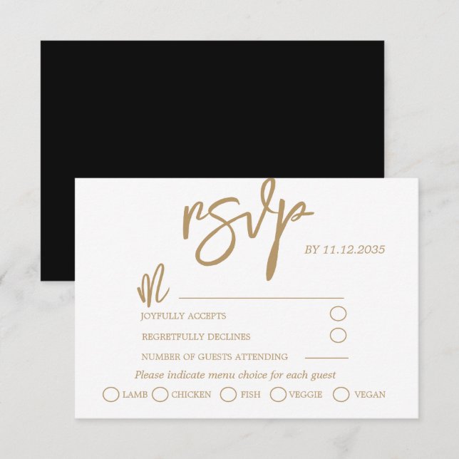 RSVP de Casamento de Script de Caligrafia Dourada  (Frente/Verso)