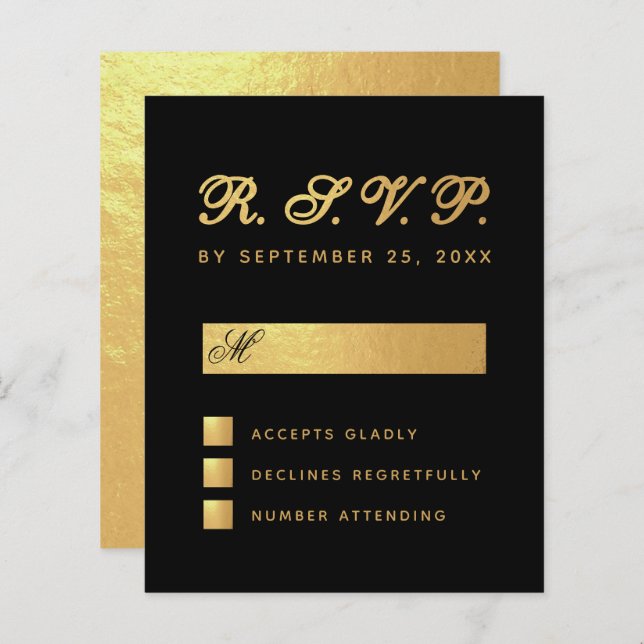 RSVP de Casamento de Script Dourado Preto Elegante (Frente/Verso)