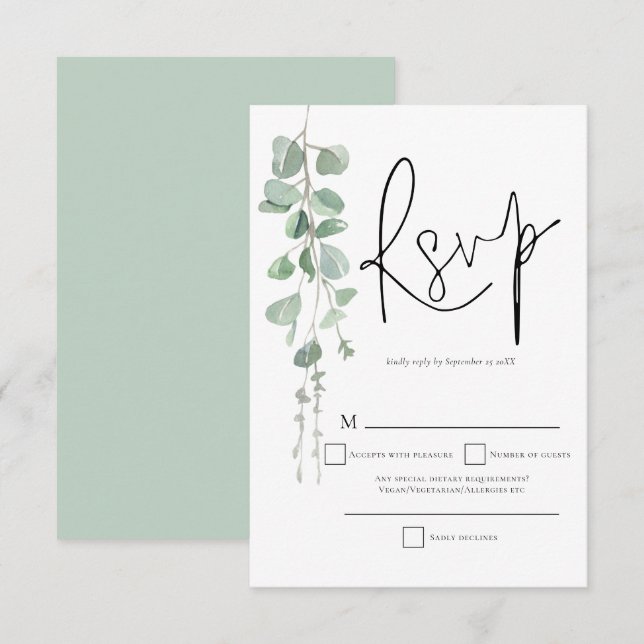 RSVP de Casamento de Script Eucalyptus Elegante (Frente/Verso)