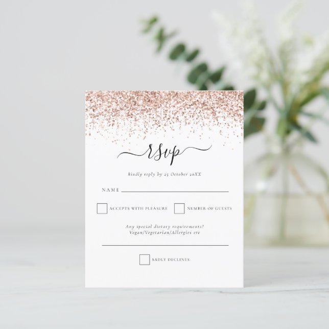 RSVP de Casamento de Script Glitter Dourado do Ros (Em pé/Frente)