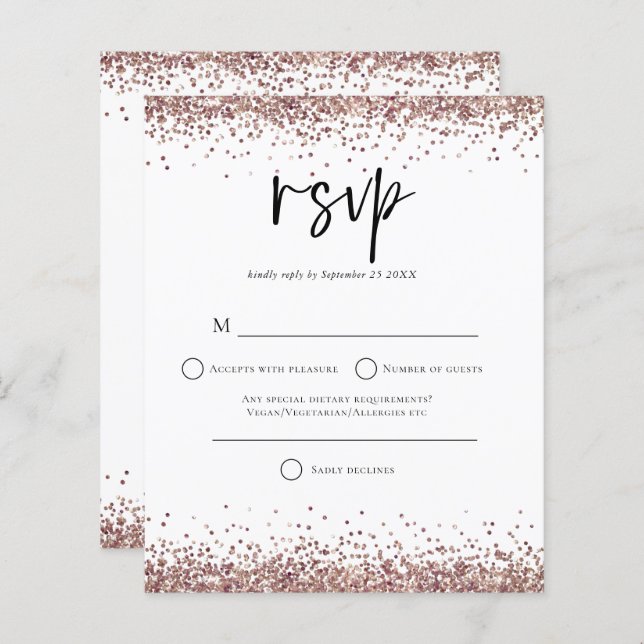 RSVP de Casamento de Script Glitter Dourado do Ros (Frente/Verso)