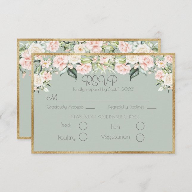 RSVP de Casamento de Script Verde Dourado Floral E (Frente/Verso)