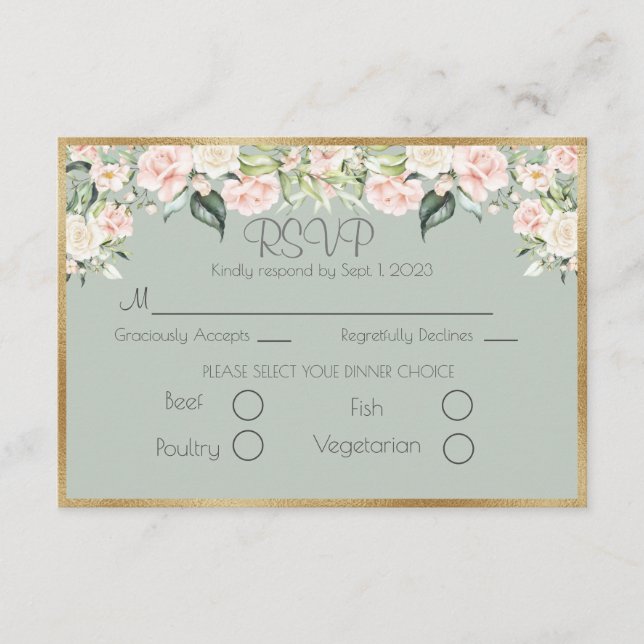 RSVP de Casamento de Script Verde Floral Dourado E (Frente)