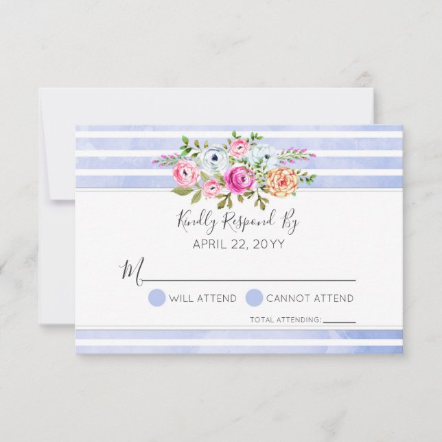 RSVP de Casamento de Stripe Azul Floral Moderno (Frente)