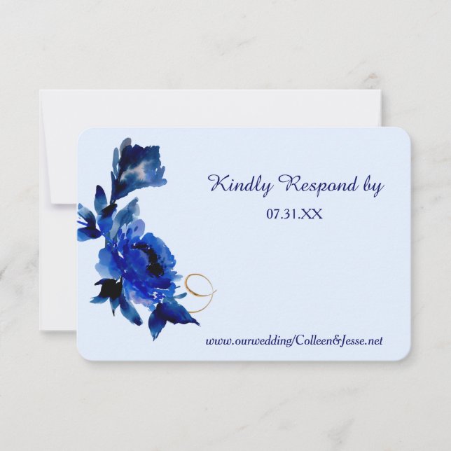 RSVP de Casamento de Sujidade Dourada Floral Azul  (Frente)