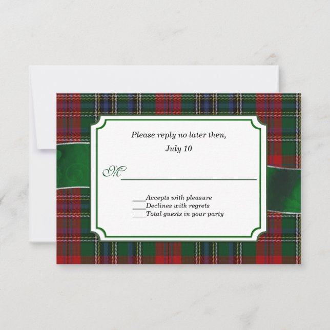 RSVP de Casamento de Tartan MacClain Vermelho e Ve (Frente)
