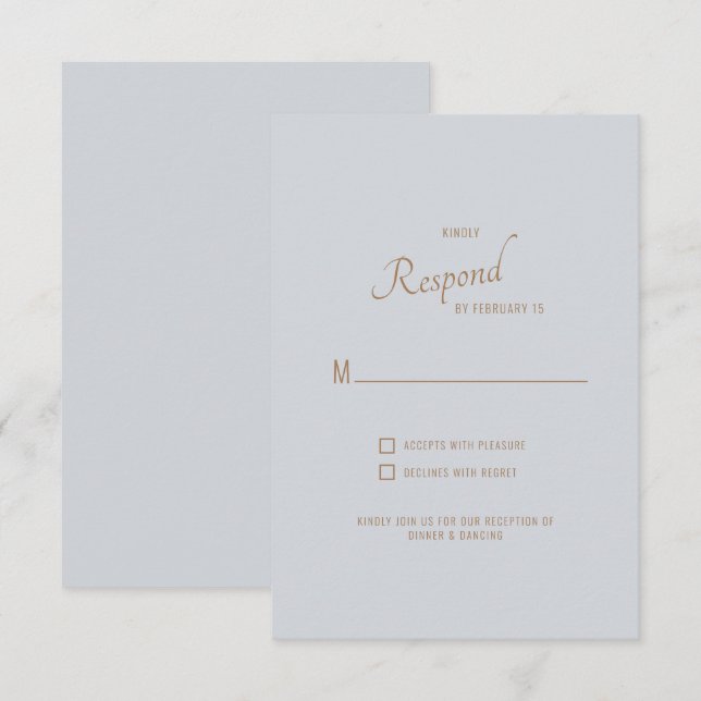 RSVP de Casamento de Texto Dourado Azul Dusty (Frente/Verso)