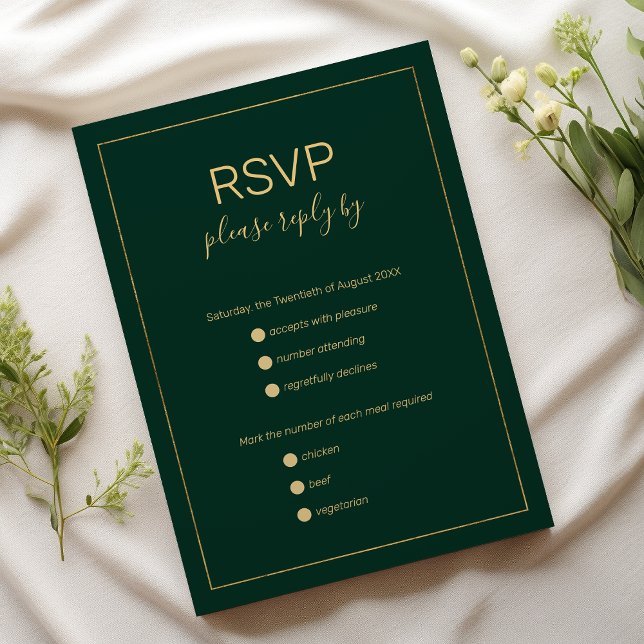 RSVP de casamento de uma simples amostra verde-our (Simple dark green gold ampersand wedding RSVP)
