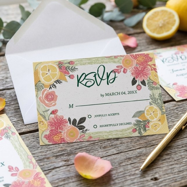 RSVP de Casamento de Verão Limão Floral (Criador carregado)