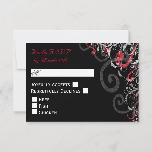 RSVP de casamento do Black, White e Red Swirl (Frente)
