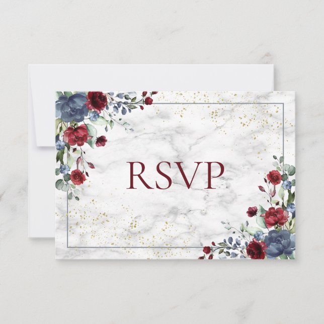 RSVP de Casamento Dourado  de Borgonha Azul Luz (Frente)
