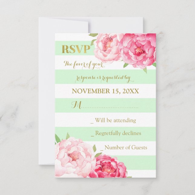 RSVP de Casamento Dourado de Flores Rosa  com Faix (Frente)