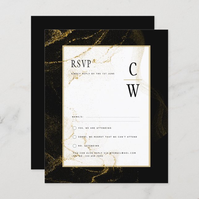 RSVP de Casamento Dourado de Lâmpadas com Glitter  (Frente/Verso)