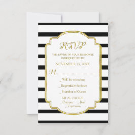 RSVP de Casamento Dourado de Stripes Negra e Branc