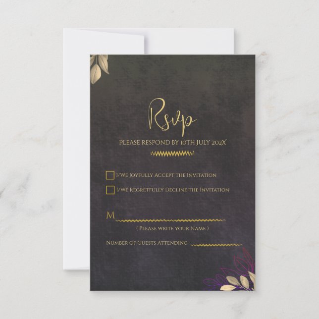 RSVP de Casamento Dourado de Veludo Negro Luxe (Frente)