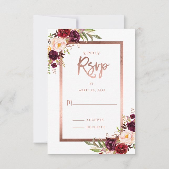 RSVP de Casamento Dourado do Rosa Floral Vermelho  (Frente)