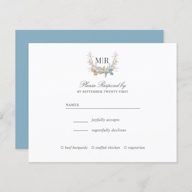 RSVP de Casamento Dourado e Azul do Monograma Chic (Frente/Verso)