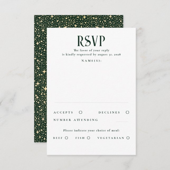 RSVP de Casamento Dourado e Verde Estrelas (Frente/Verso)