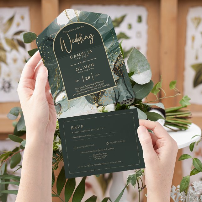 RSVP de Casamento Dourado Emerald Green Inclusivo (Criador carregado)