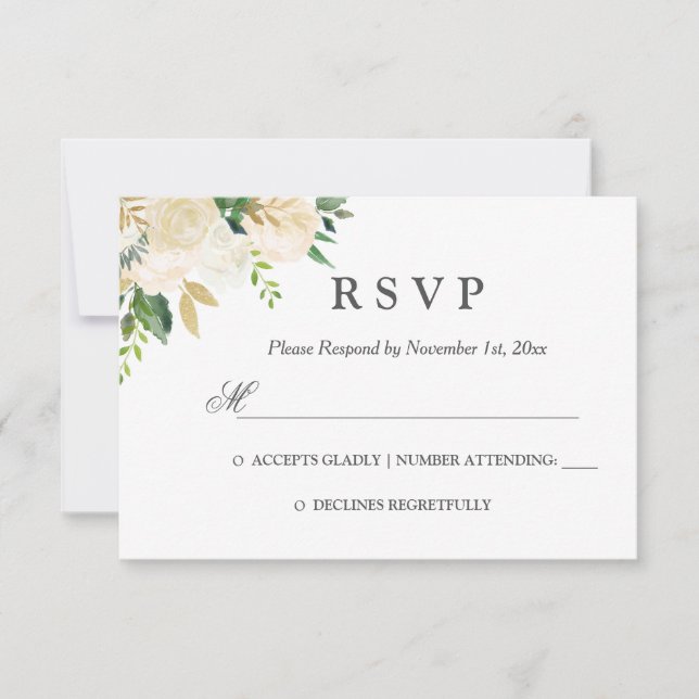 RSVP de Casamento Dourado Floral de Aquarela Elega (Frente)