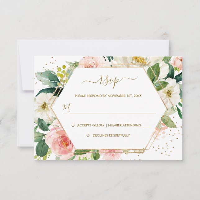 RSVP de Casamento Dourado Floral Dourado Blush (Frente)