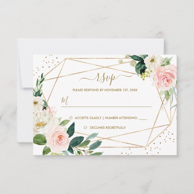 RSVP de Casamento Dourado Floral Dourado com Blush (Frente)