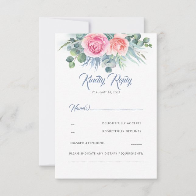 RSVP de Casamento Dusty Blue e Rosa Rosa Rosa Rosa (Frente)