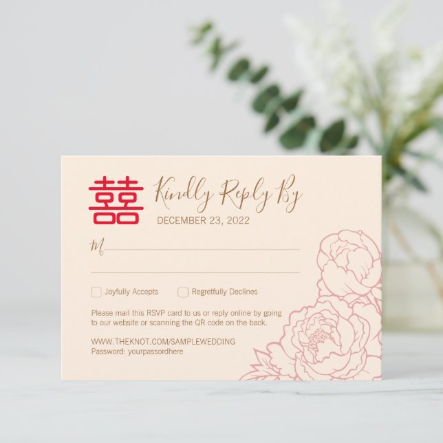 RSVP de Casamento Elegante Chinês de Peony com Cód (Em pé/Frente)