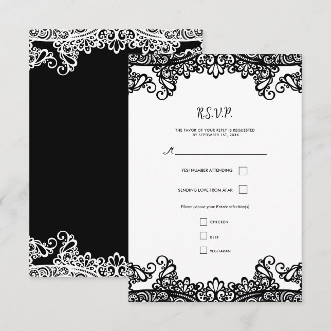 RSVP de casamento elegante com renda preta e branc (Frente/Verso)