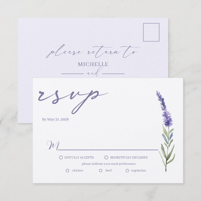 RSVP de Casamento Elegante de Aquarela da lavanda  (Frente/Verso)