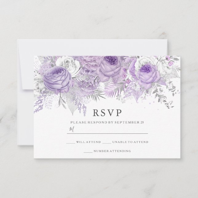 RSVP de Casamento Elegante de Flores Roxas e Prate (Frente)