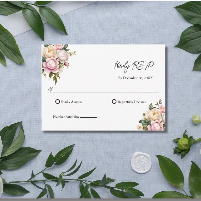 RSVP de Casamento Elegante Floral de Rosas Brancas (Blush Pink White Cream Roses Wedding RSVP Card)