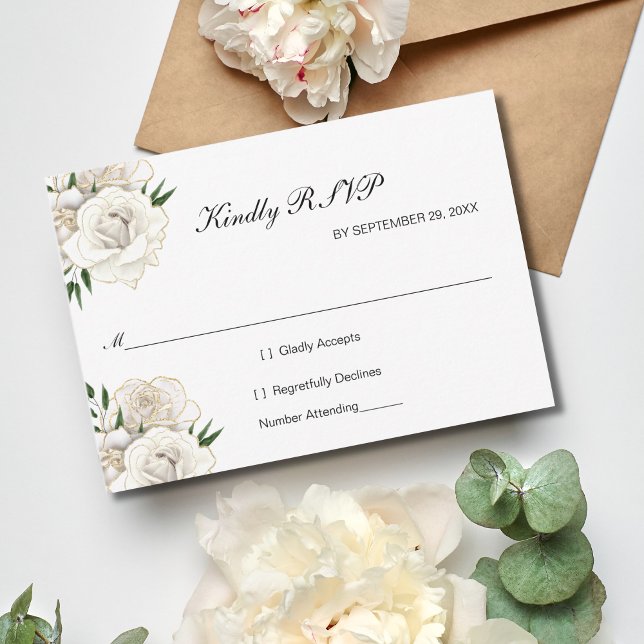 RSVP de Casamento Elegante Formal Formal Dourado R (White Roses with gold trim Wedding RSVP Card. Formal Elegant 5x3.5 inches)