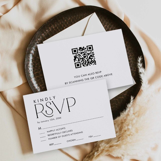 RSVP de Casamento Elegante Moderno com Cartão de C (Modern Black and White RSVP with QR Code card)