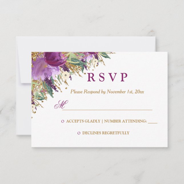 RSVP de casamento em ametista cintilante com flora (Frente)