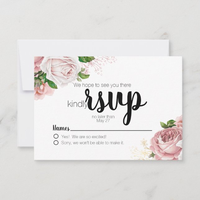 RSVP de casamento em azul naval com rosas florais  (Frente)