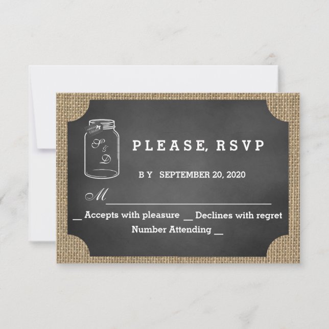 RSVP de Casamento em Madeira Chalkboard com Juta e (Frente)