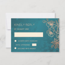 RSVP de casamento em rosa dourado floral e azul tu
