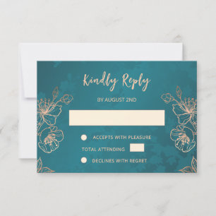 RSVP de casamento em rosa dourado floral e azul tu